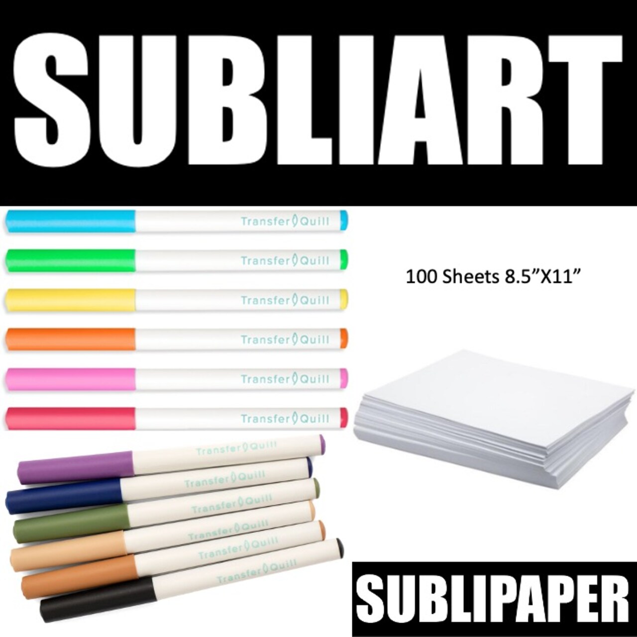 SubliArt Kit 12 Transfer Quill Pen and 100 Sheets 8.5"x11" Sublipaper